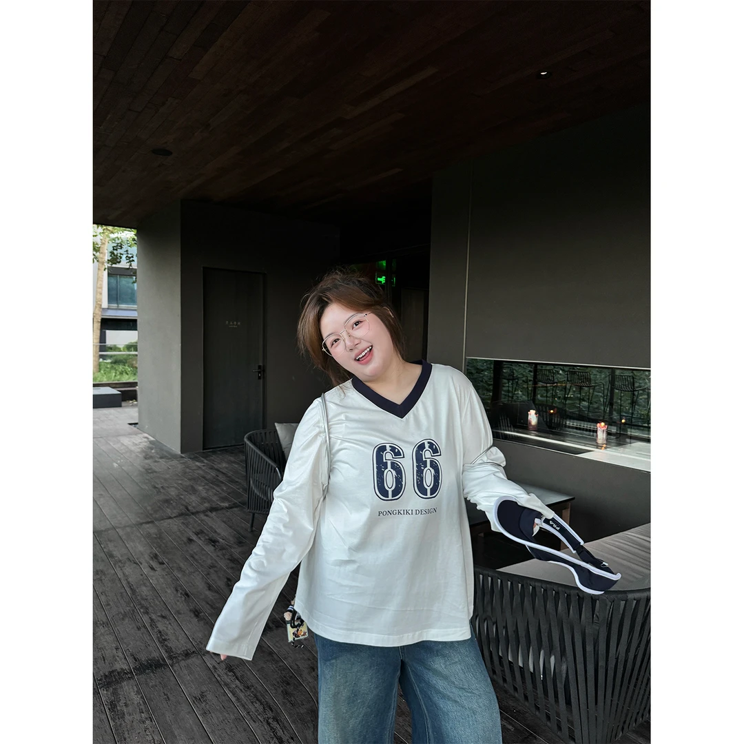 老章和小胖PONGKIKI球迷假日数字印花长袖大码T恤女秋运动感球衣