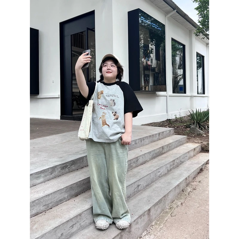 老章和小胖PONGKIKI大码做旧复古色阔腿牛仔裤女夏季胖mm显瘦长裤