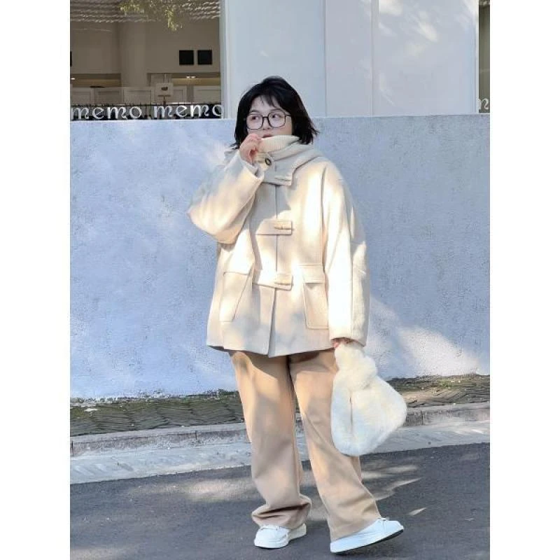 老章和小胖【冬日暖阳】大码直筒百搭显瘦奶咖色呢子休闲裤