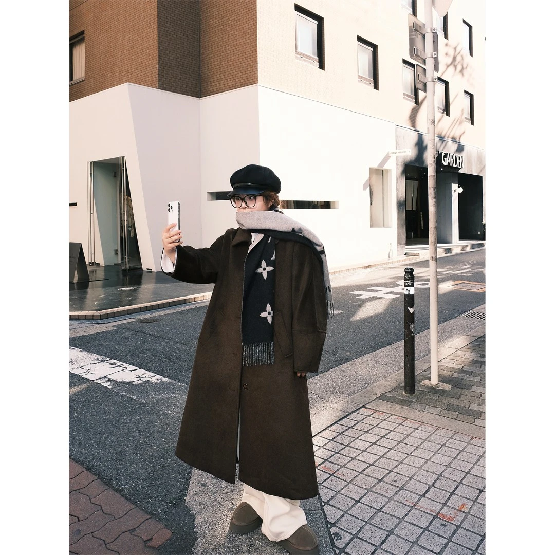 老章和小胖PONGKIKI榛子黑巧呢子大衣女大码宽松长款呢外套冬