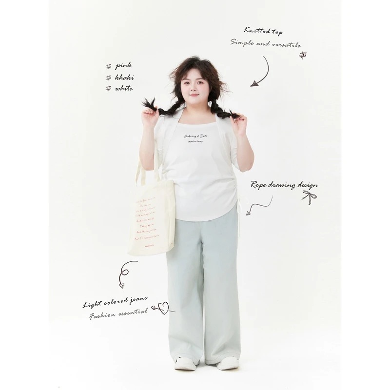 老章和小胖PONGKIKI大码T恤女夏季胖mm宽松显瘦纯色抽绳刺绣体恤