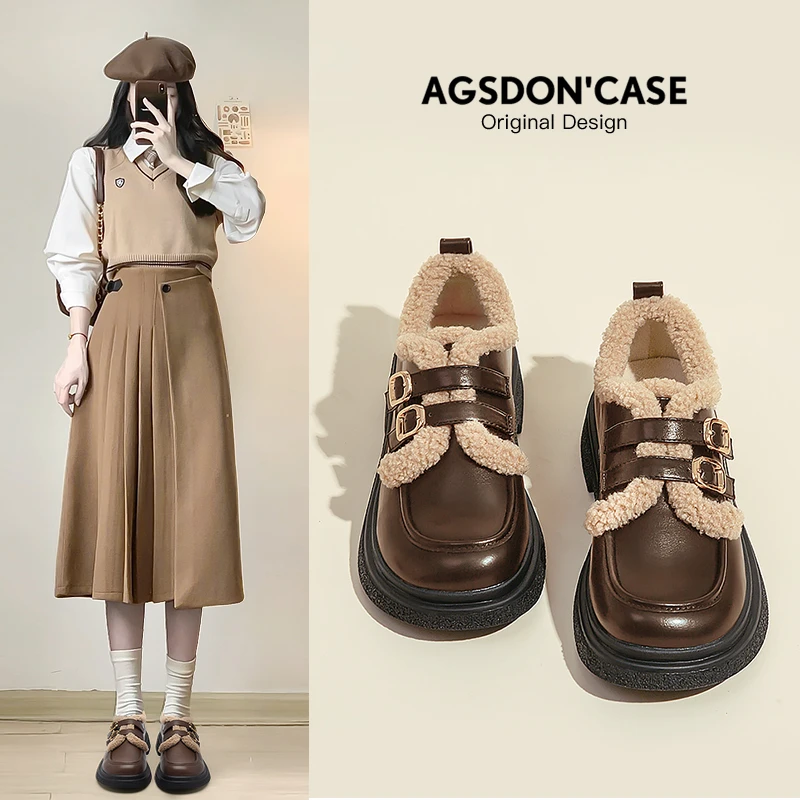 奥古狮登雪地靴女2024新款秋冬厚底加绒乐福鞋勃肯棉鞋毛毛小皮鞋