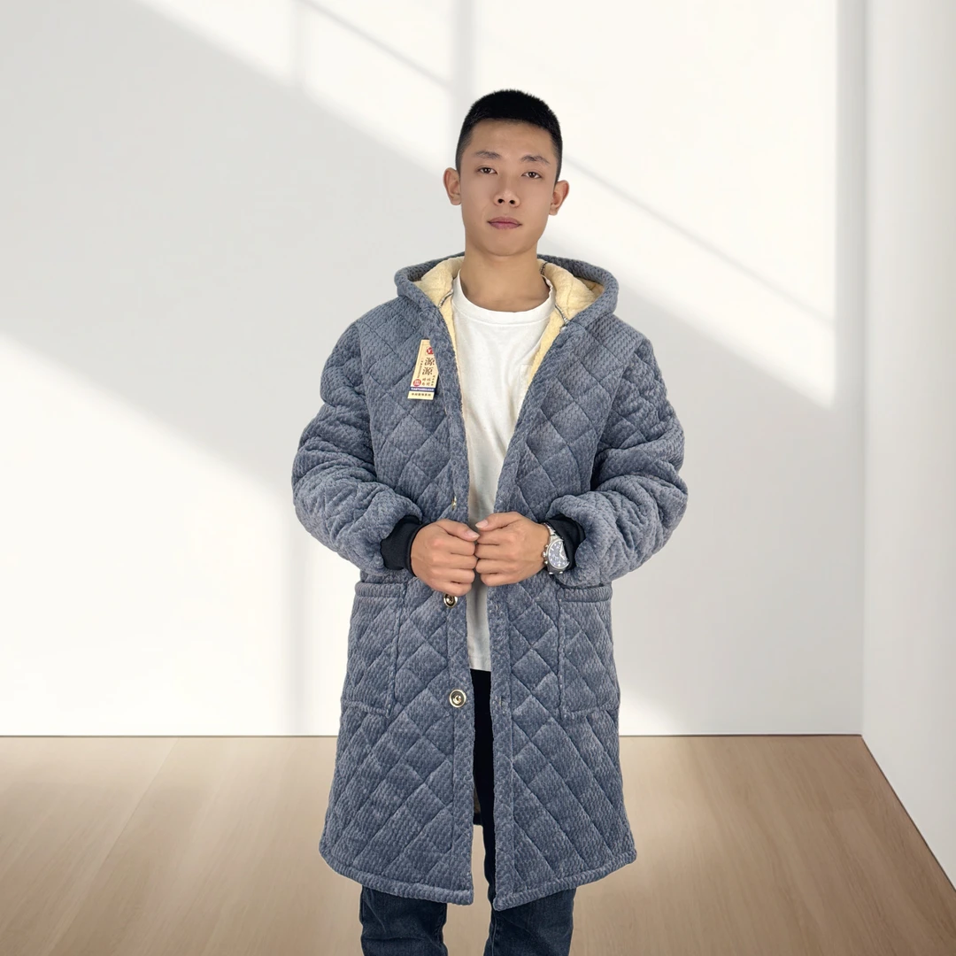 （特厚长款菠萝绒）连帽罩衣四川省服加绒加厚家居服男士耐磨大码