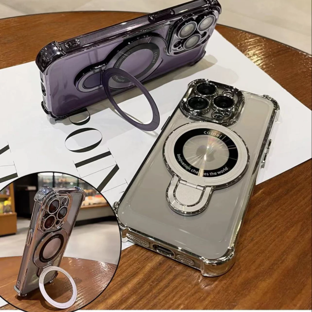 适用苹果15promax/14/13护镜四角防摔磁吸支架简约电镀透明手机壳