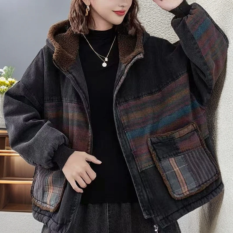 呱唧【大口袋棉衣】冬款加绒复古炒色牛仔连帽拉链休闲宽松短款棉衣