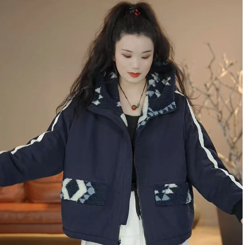 呱唧【9188】冬款加绒两面穿连帽拉链短款牛仔休闲棉衣时尚