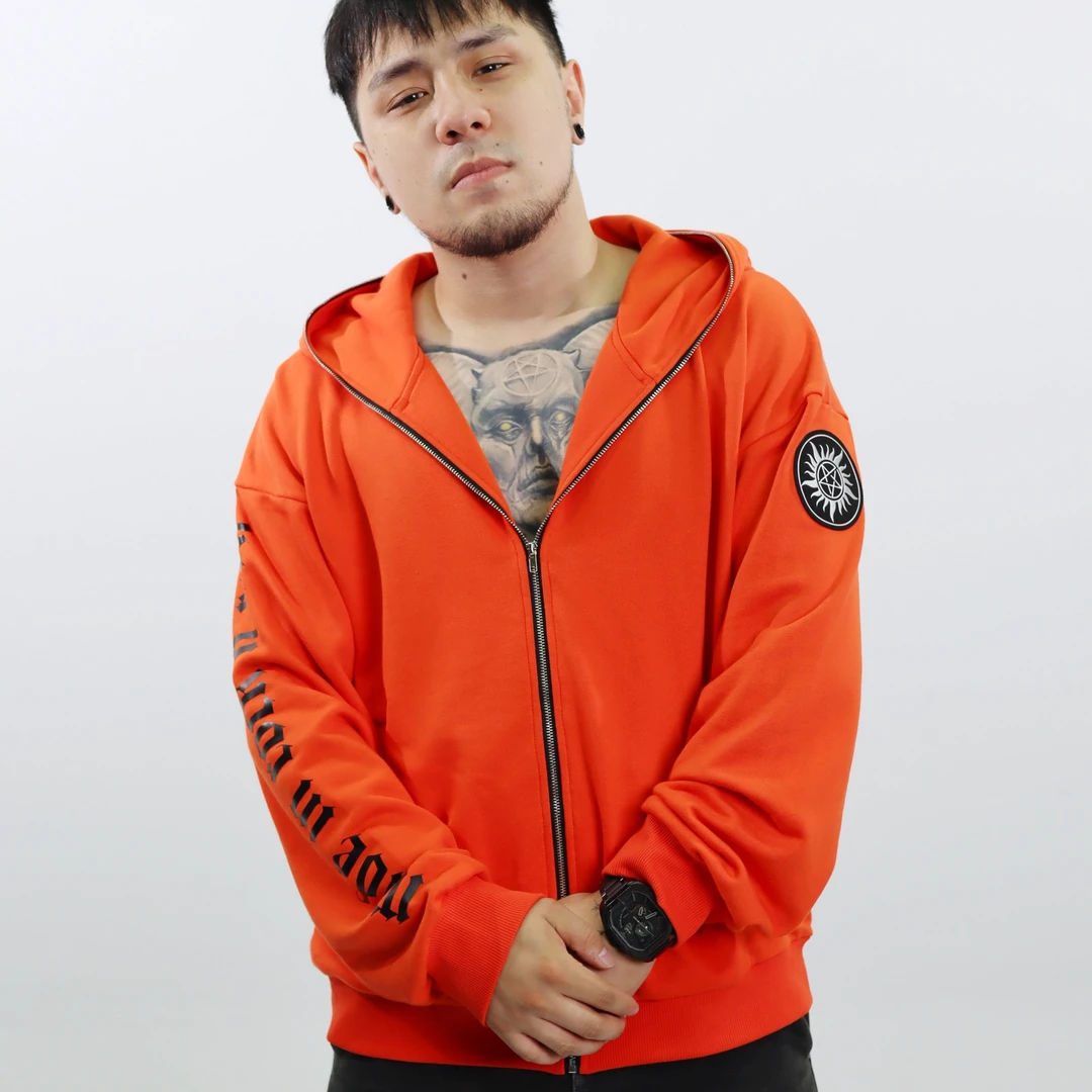 POGO MOSH摇滚风金属拉链蒙住双眼宽松立体镭射印花长袖橙色帽衫