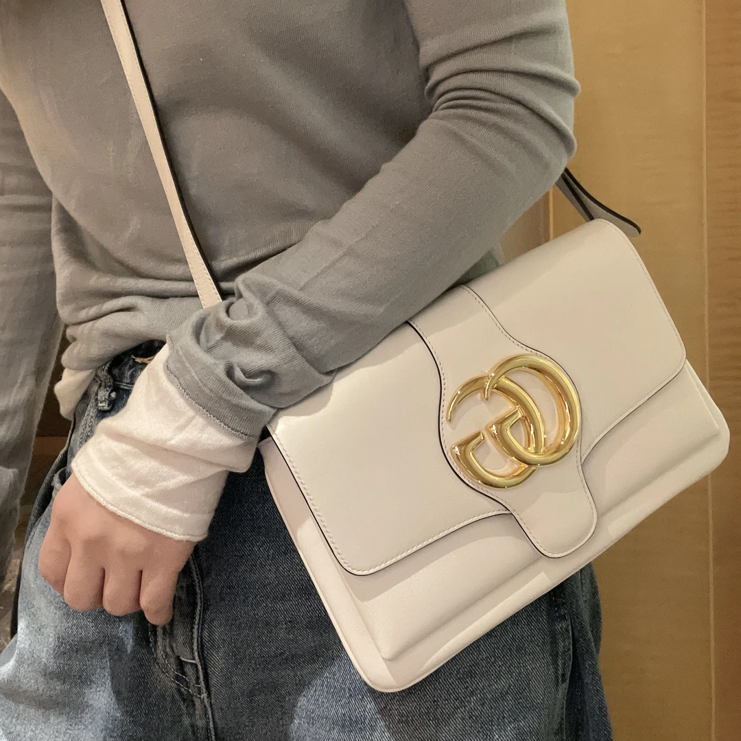 95新 GUCCI/古驰 白色金扣阿里单肩斜挎包