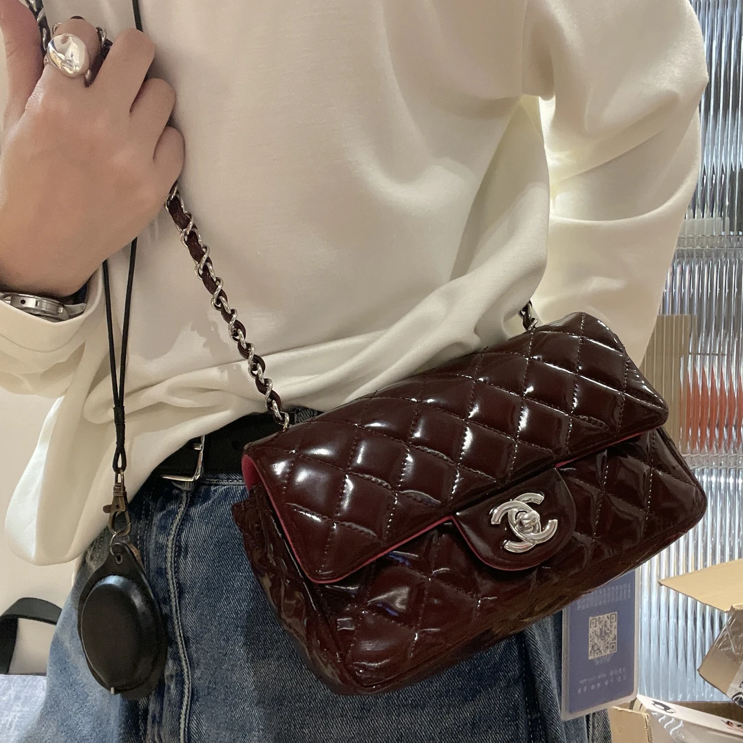 95新 Chanel/香奈儿 红色漆皮cf mini 链条包