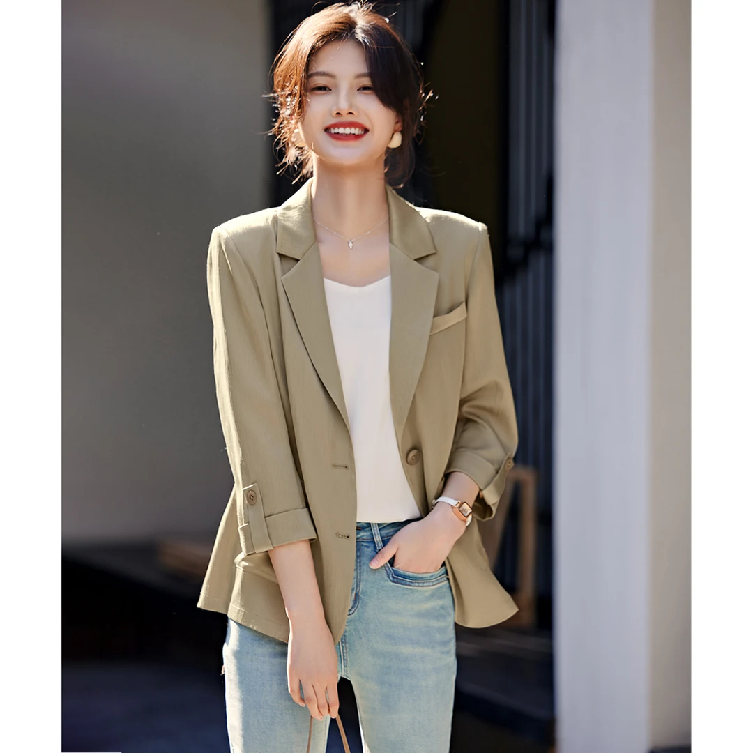 XWI/欣未流光缎面西装外套2025优雅缎面7分袖西装外套01213