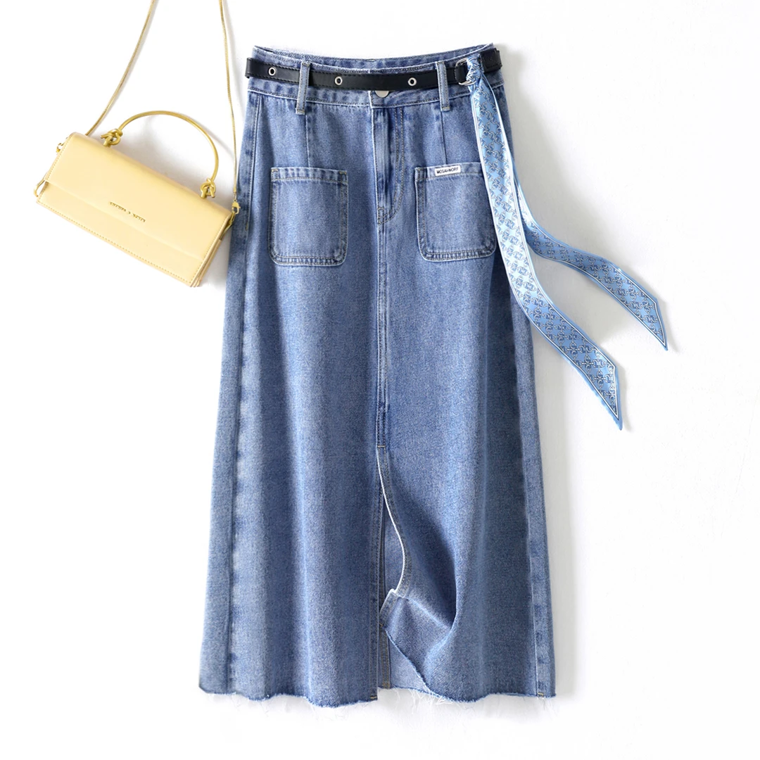 沫晗依美2022夏季新款裙摆开衩设计时尚百搭腰带装饰显瘦女半身裙