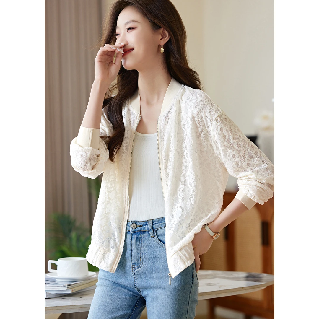 沫晗依美洋气棒球衫外套2025夏收口松紧下摆蕾丝短款外套03022