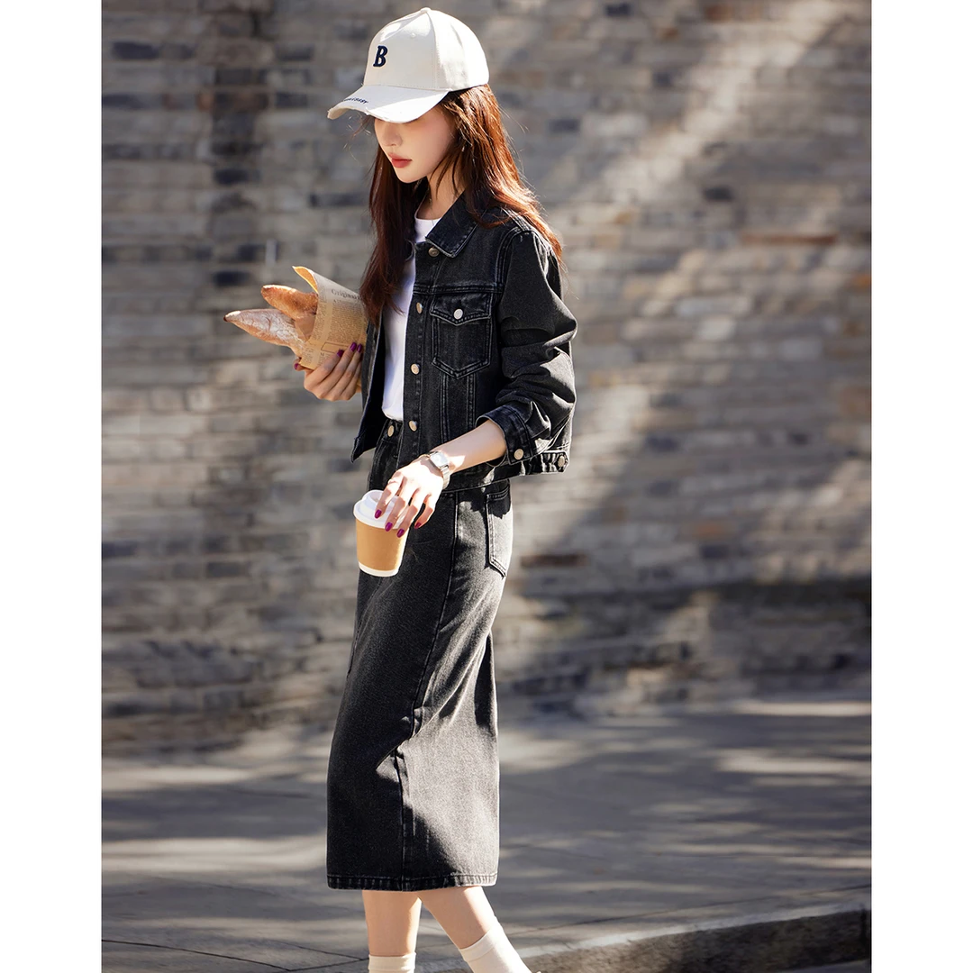 2025春新款牛仔显瘦时尚外套半裙复古时髦水洗灰黑工装风牛仔套装