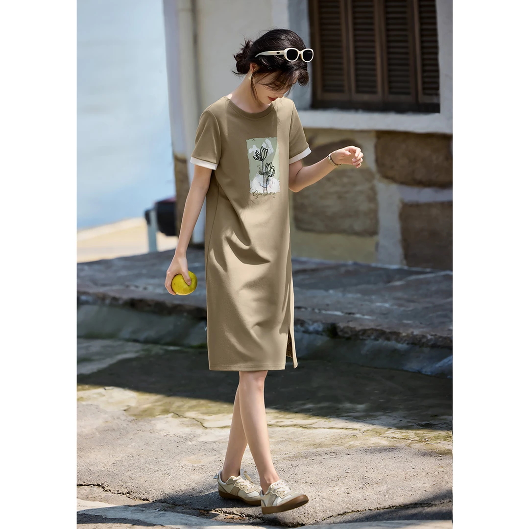 XWI/欣未2025夏季新款显瘦日常短袖圆领休闲T恤连衣裙女24223