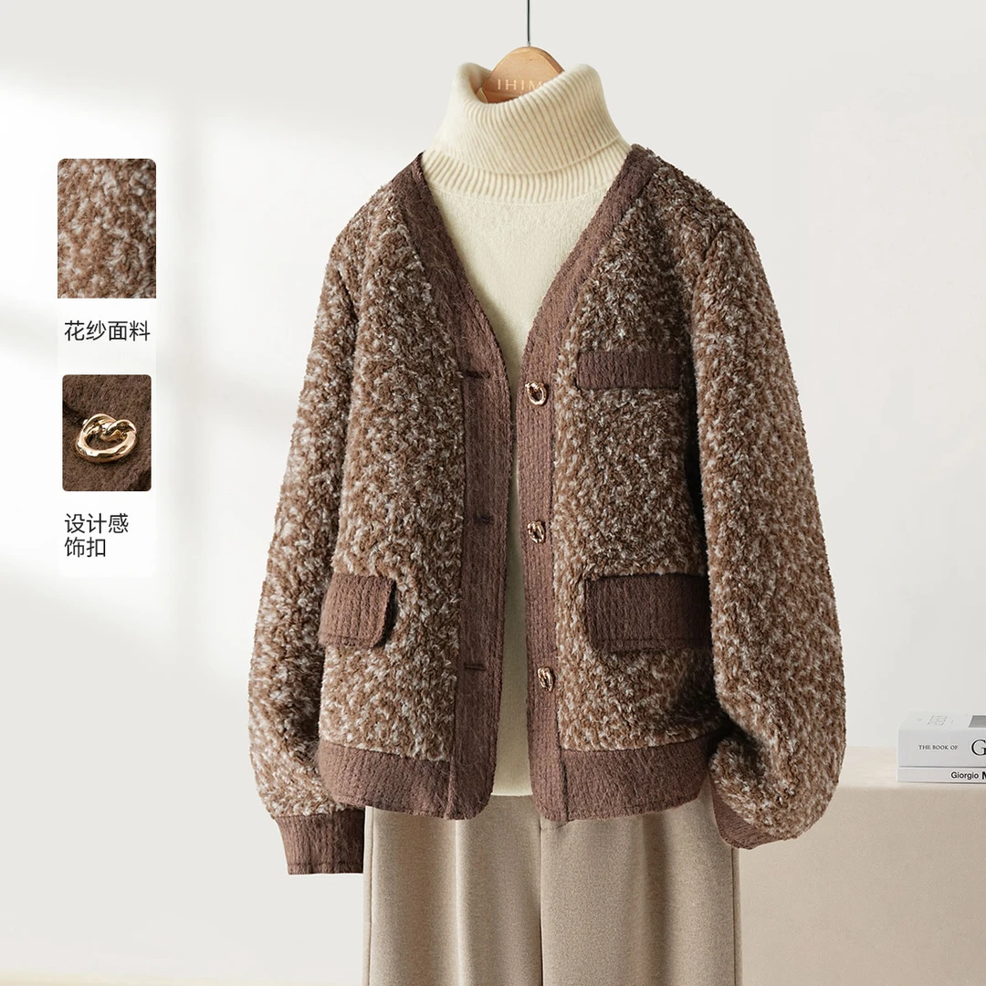 IHIMI/海谧小香风V领厚款外套2024冬款保暖加厚棕色小香风女装