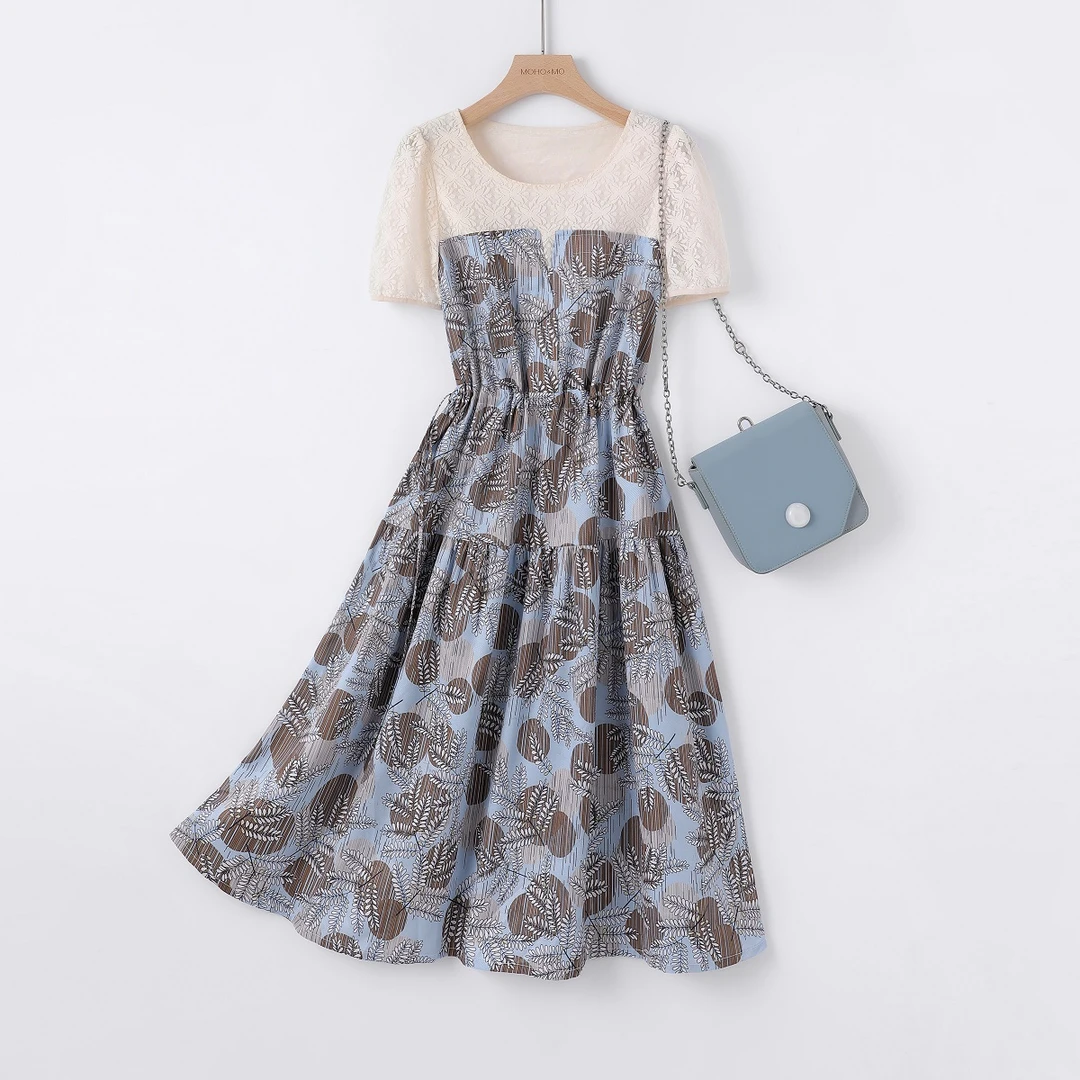 IHIMI/海谧【枫叶】2025夏女蕾丝拼接抽绳显瘦中长款碎花连衣裙6688