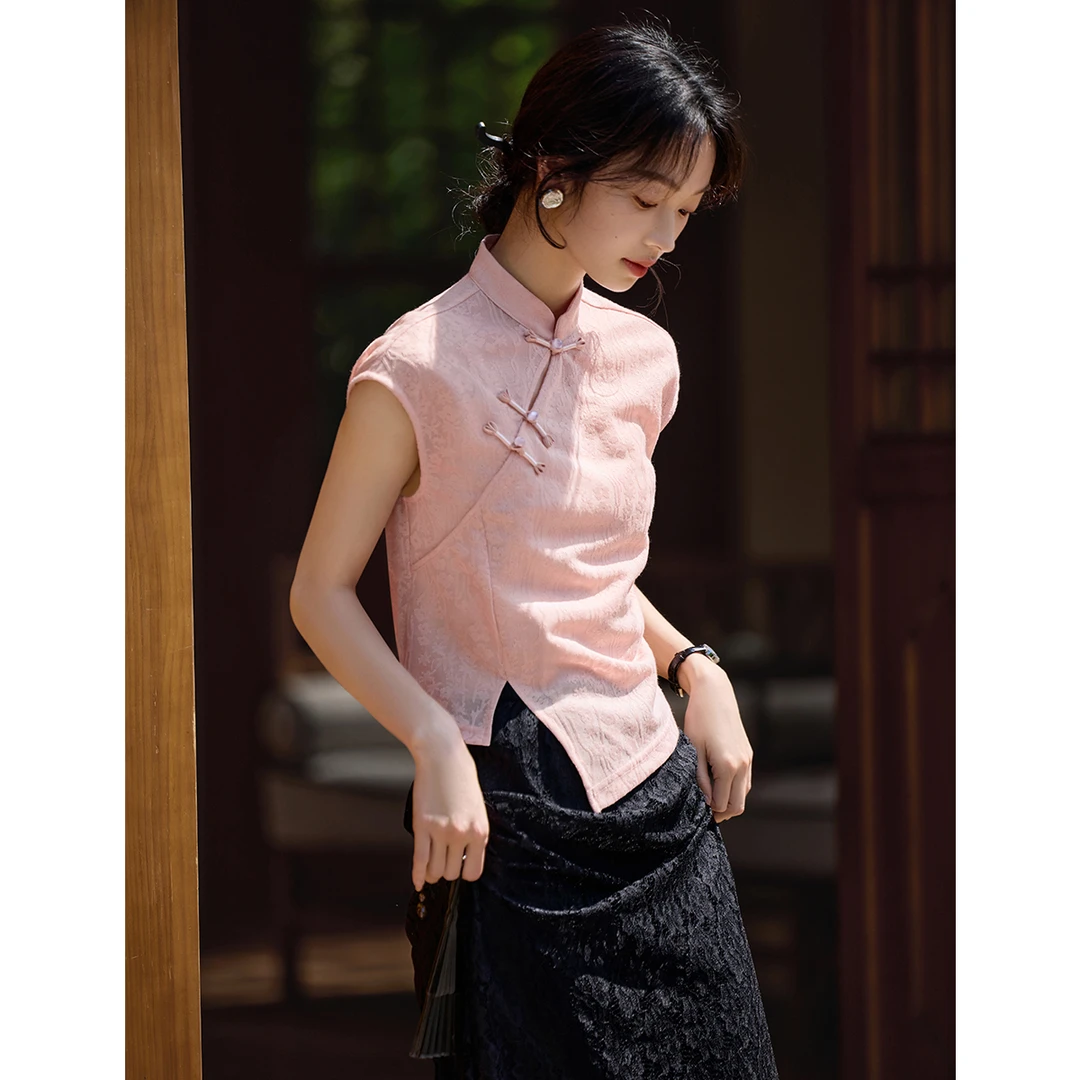 XWI/欣未25夏季新中式盘扣不规则开衩针织衫中国风上衣38403