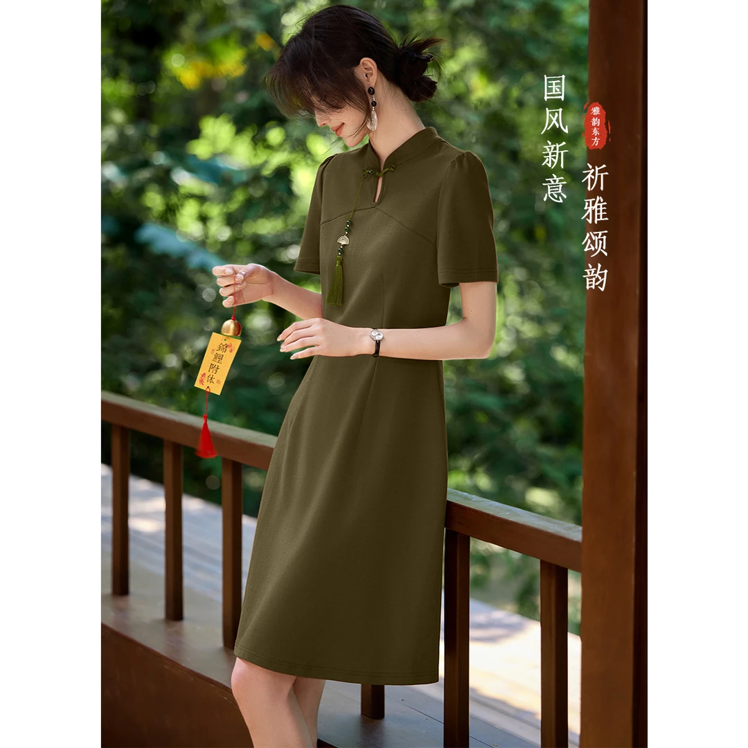 XWI/欣未25夏季盘扣弹力针织显瘦新中式优雅针织连衣裙21223