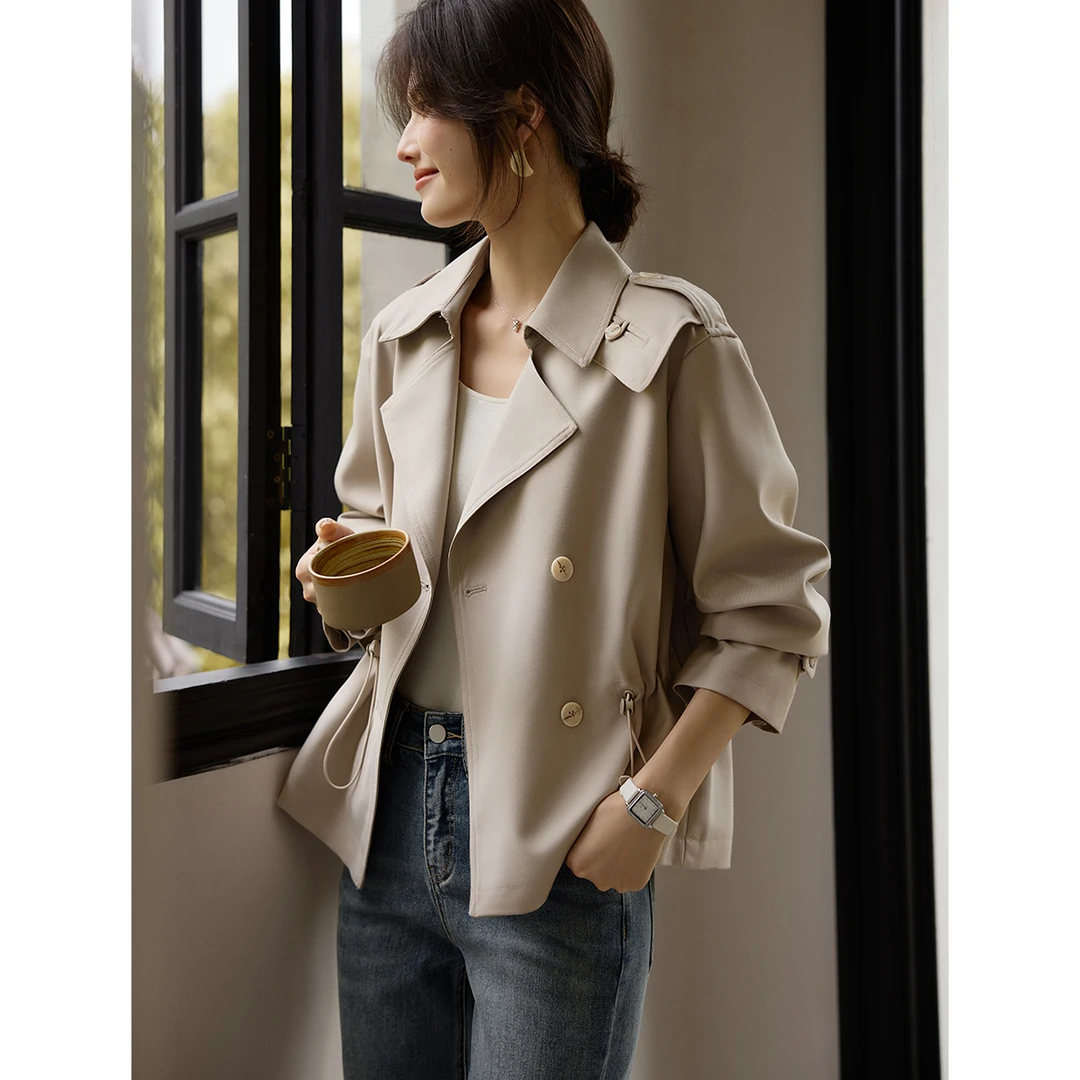 XWI/欣未知性腰部抽褶短款风衣2025春季通勤百搭时尚气质短款女装