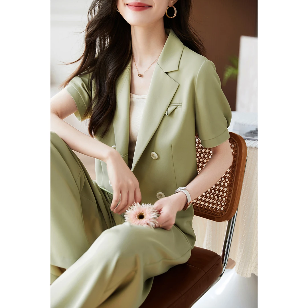 沫晗依美2025质感短款小西装阔腿裤百搭简约通勤裤子套装24223