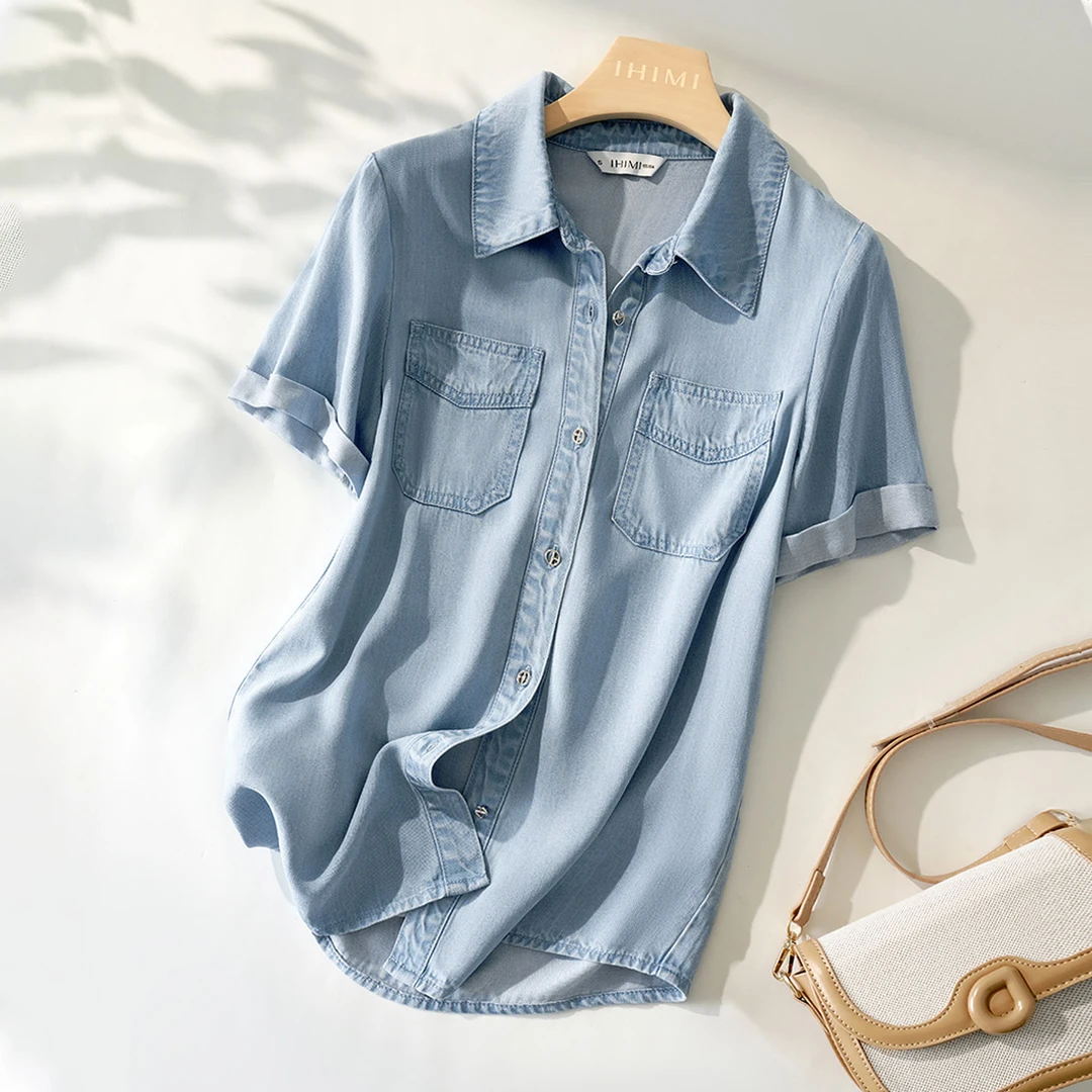 IHIMI/海谧【翻领口袋天丝牛仔短袖衬衫】25简约通勤短袖衬衫07043