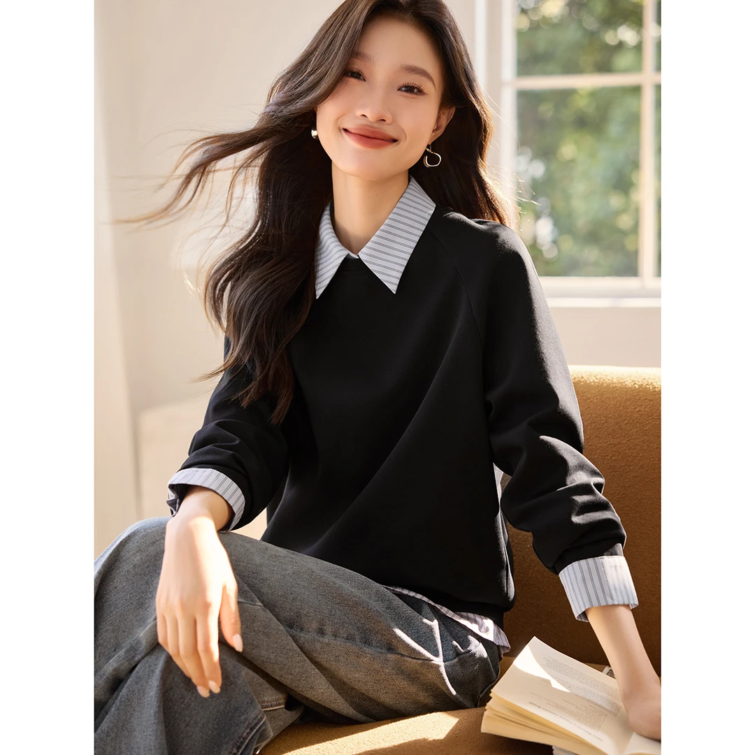 沫晗依美拼接撞色设计感卫衣2025秋季新款宽松显瘦套头长袖上衣女