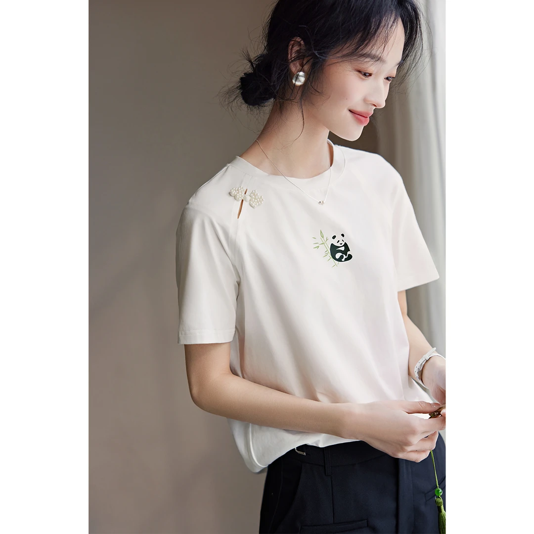 XWI/欣未国风T恤2025夏插肩袖装饰熊猫印花t恤22223