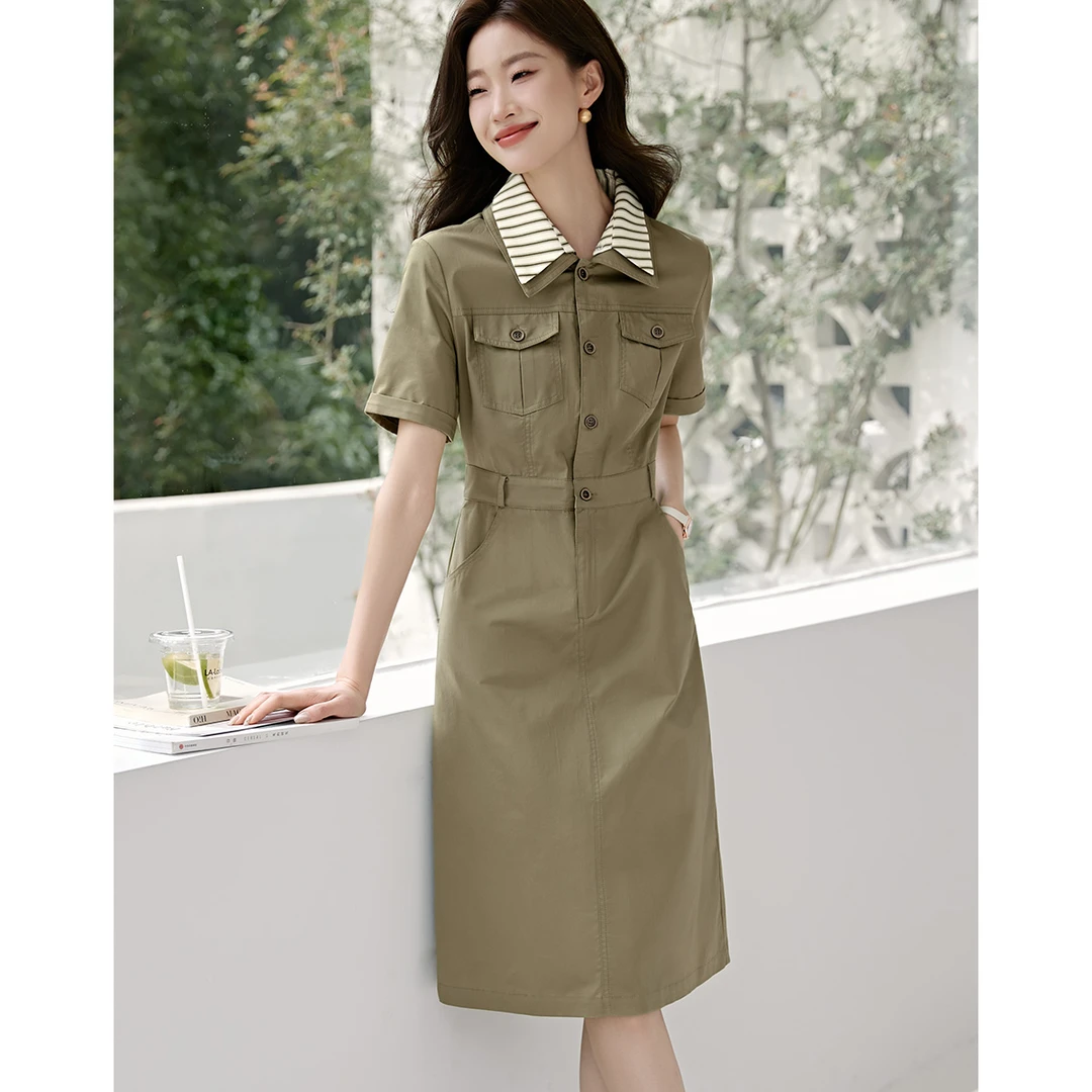 沫晗依美2025夏休闲工装翻领双层领设计感收腰显瘦连衣裙女58223
