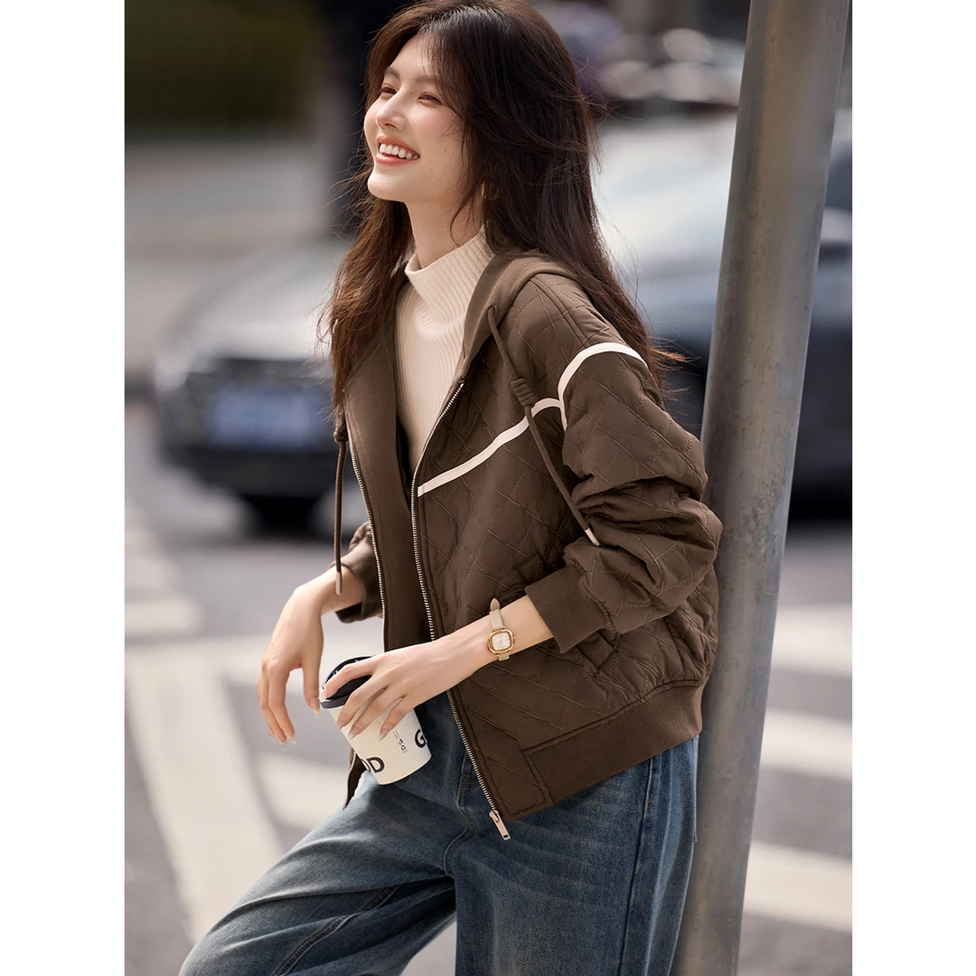 XWI/欣未休闲撞色拼接连帽棉衣外套2025春冬新款加厚百搭气质女装