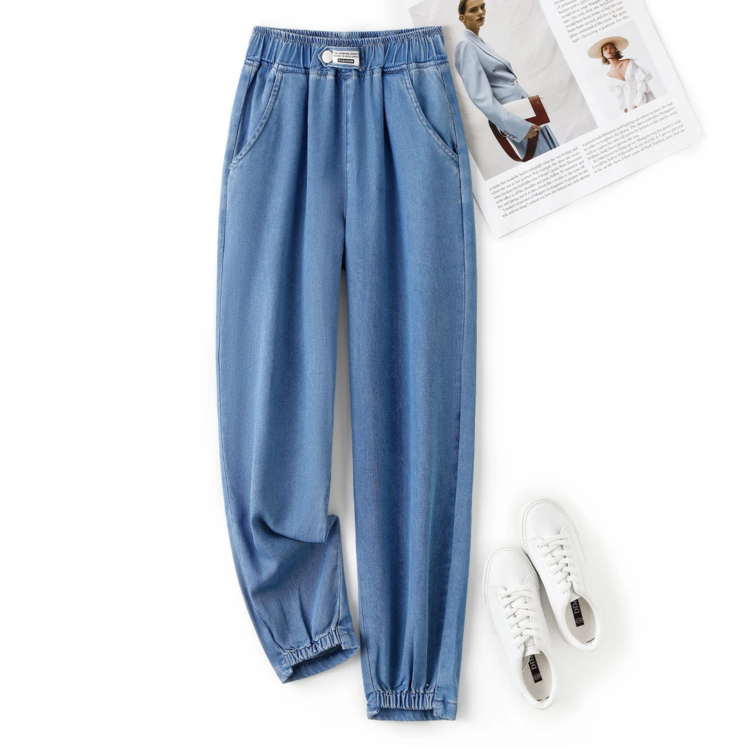 IHIMI/海谧薄款宽松束脚高腰松紧束脚分割设计感牛仔裤08333