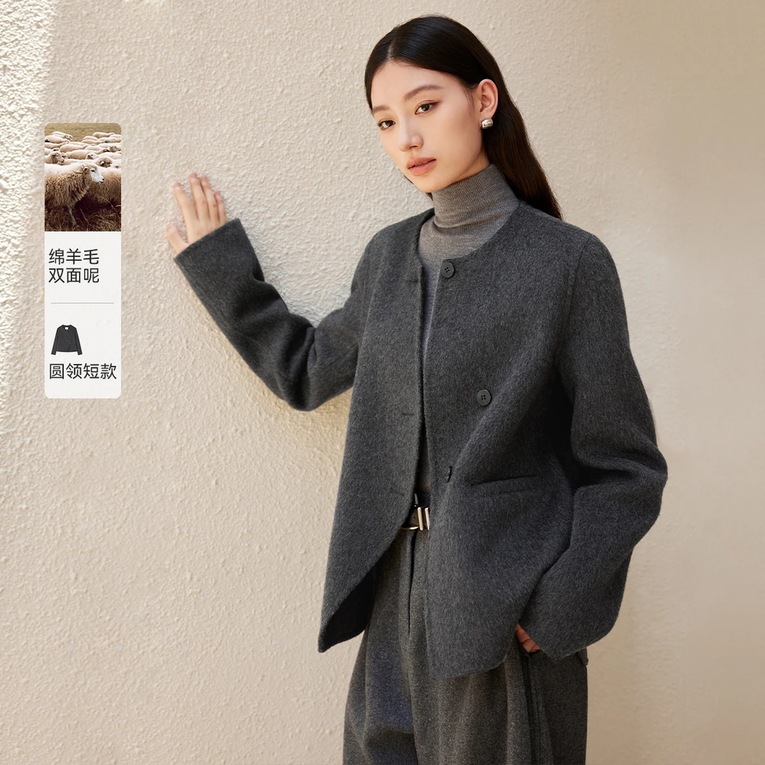 海谧短款设计感毛呢外套24冬季新款绵羊毛不规则门襟保暖呢大衣女