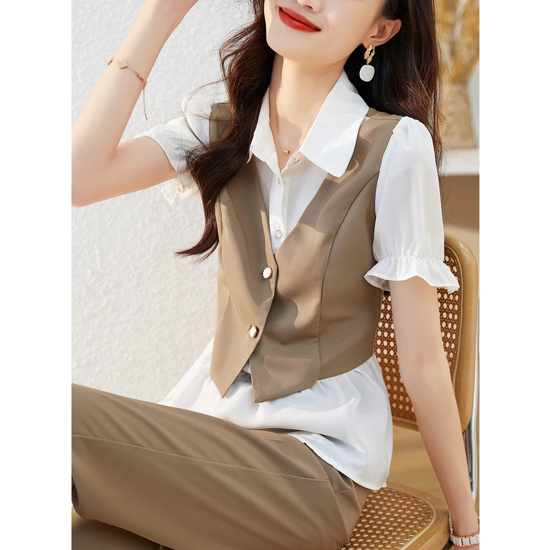 XWI/欣未【直播】2025夏新款拼接衬衫+百搭显瘦休闲裤通勤时尚套装