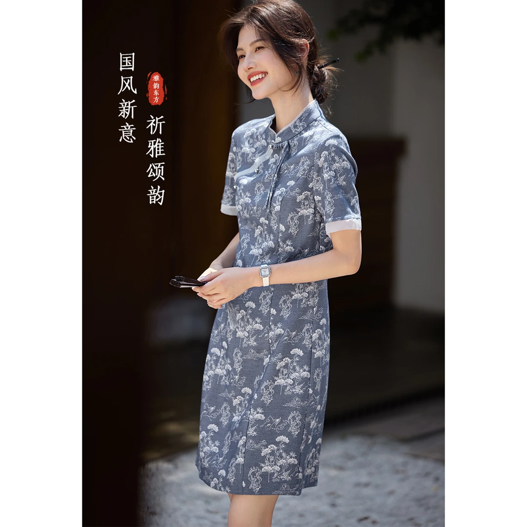 XWI/欣未2025夏季国风提花牛仔拼接欧根纱国风显瘦连衣裙19333