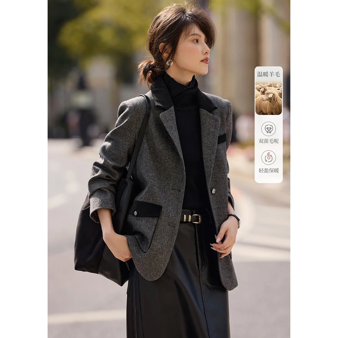 XWI/欣未气质拼色羊毛西装毛呢外套2024冬季气质优雅网红爆款西服