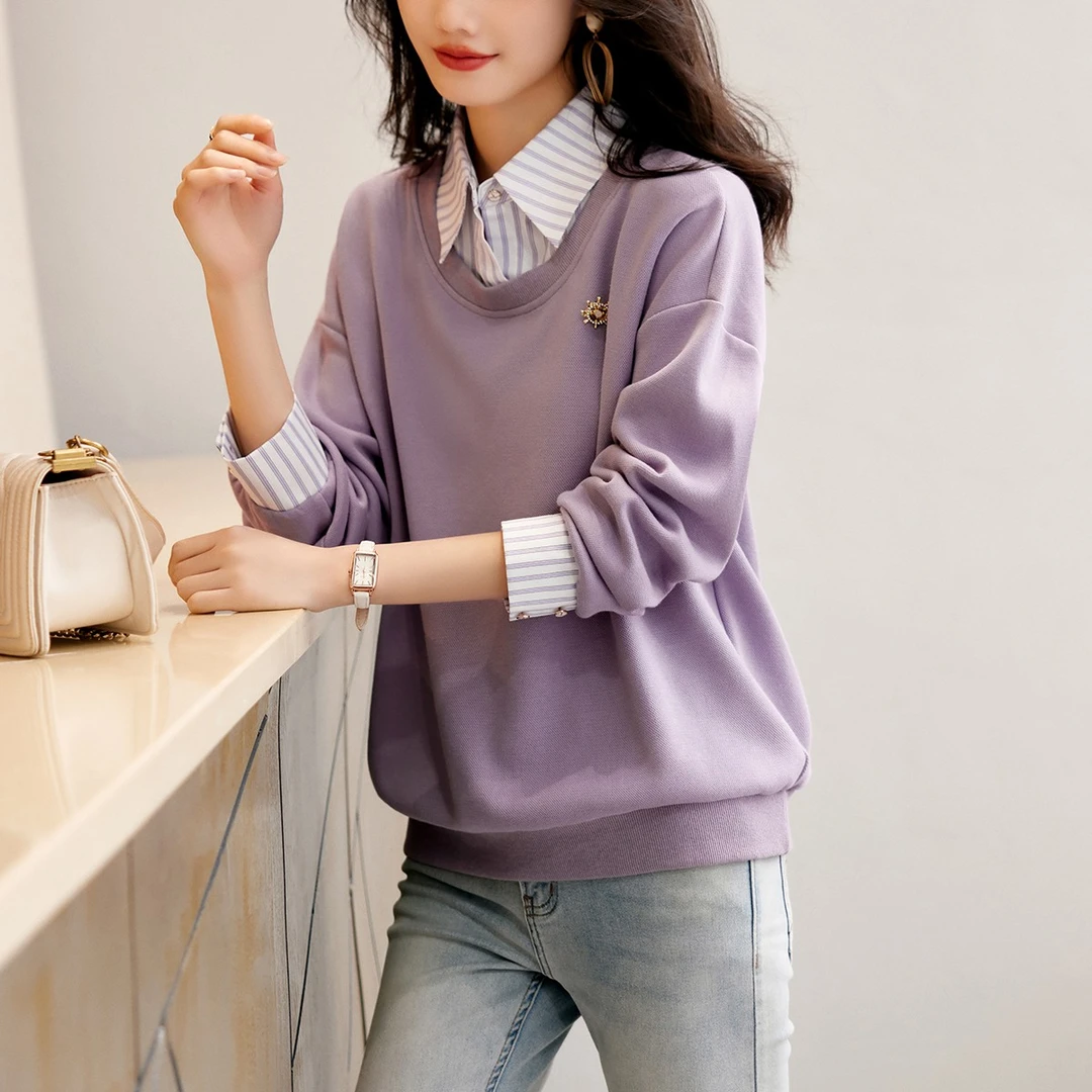 XWI/欣未韩版减龄卫衣2024年秋季显瘦百搭假两件上衣美拉德女6855