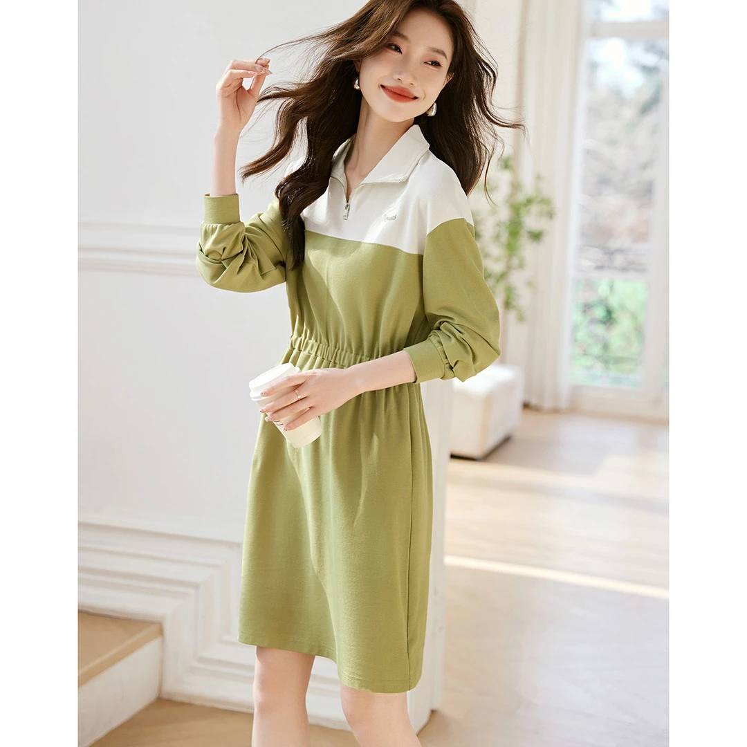 沫晗依美2024夏新款长袖收腰减龄休闲气质时尚连衣裙女M4CL2B002