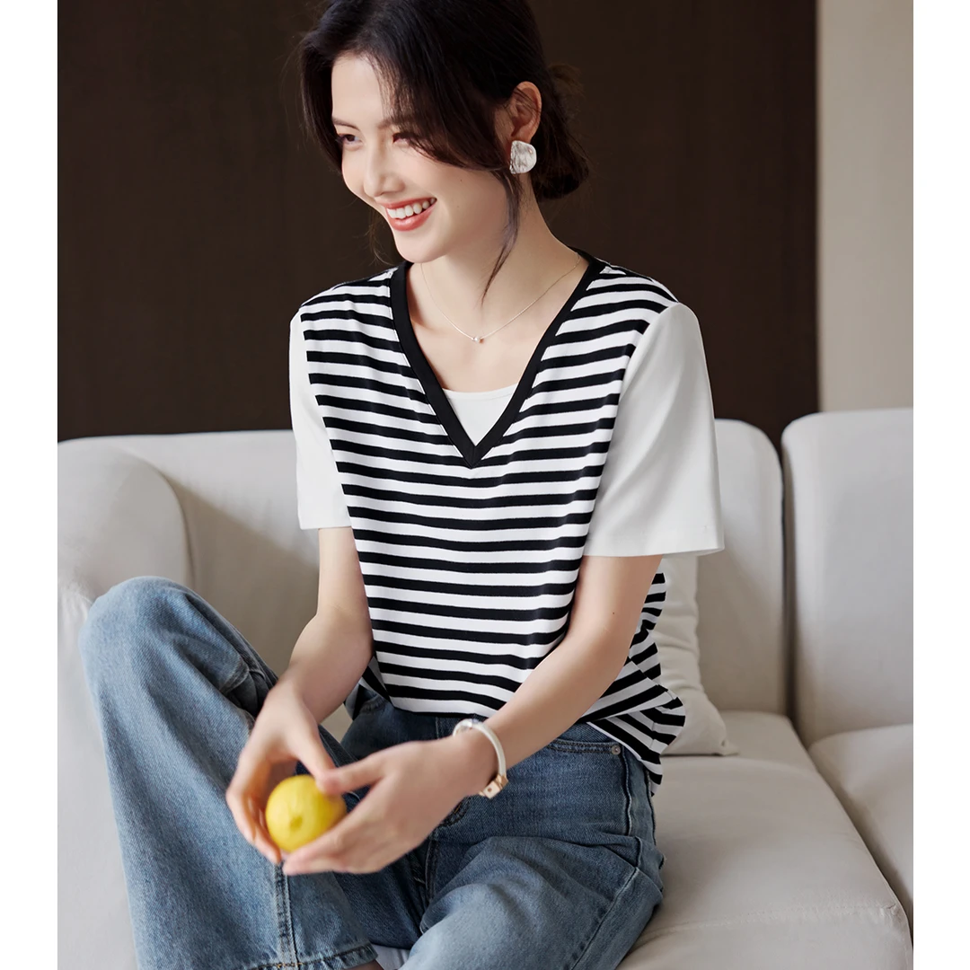 XWI/欣未2025夏季假两件黑白条t恤百搭通勤上衣短袖女15943