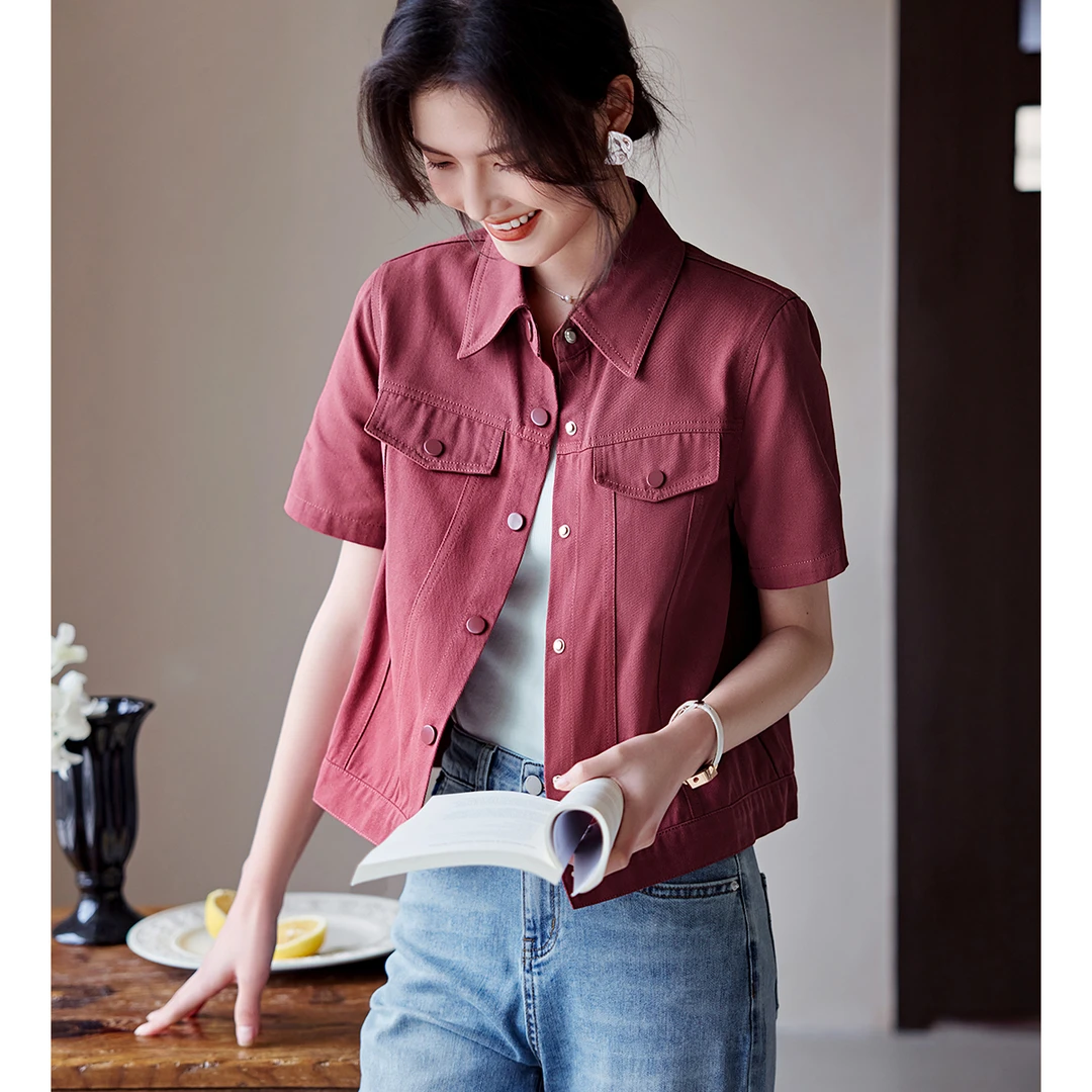 XWI/欣未2025夏季新款翻领彩色百搭短袖夹克仿牛仔外套04622