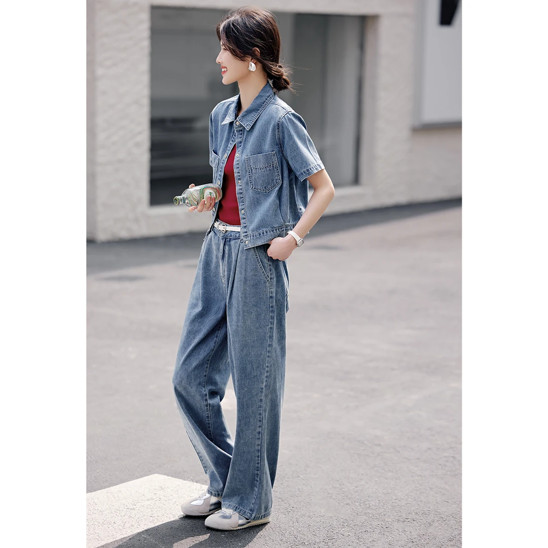 XWI/欣未2025年夏季舒适牛仔衬衫直筒裤两件套休闲复古套装05332