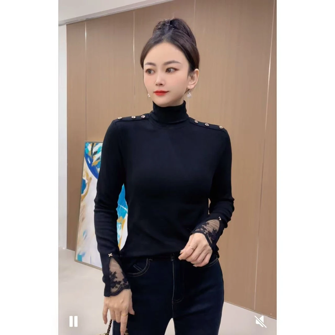 【5850】新品高弹力螺纹棉拼接蕾丝钩花上衣