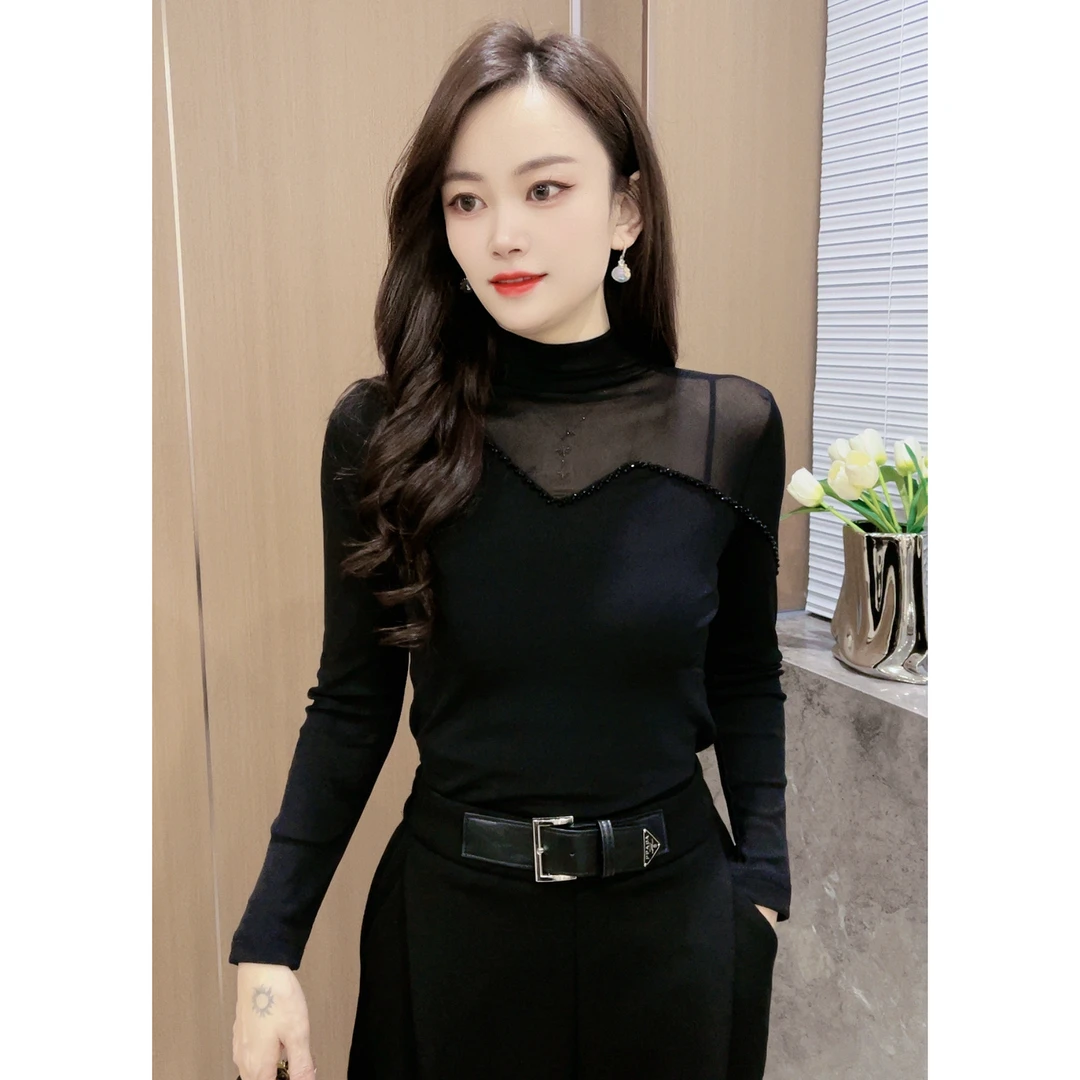 【2327】新品双层网纱小堆领手工串珠高弹力上衣