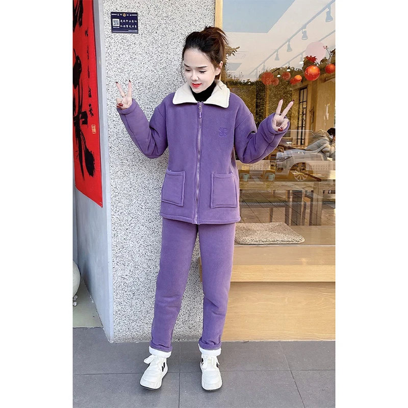 海豚绒三层加厚保暖拉链睡衣套装女可外穿洋气小翻领软绵绵家居服