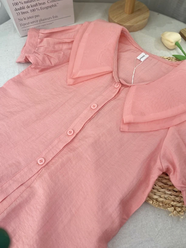 夏季新女童甜美欧根纱荷叶边领泡泡袖衬衫