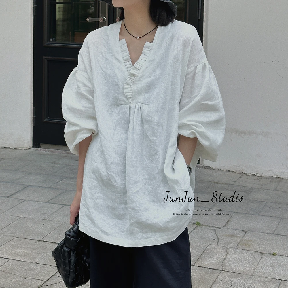 JunJun 木耳领上衣夏季薄款中式防嗮亚麻罩衫 JJ1253