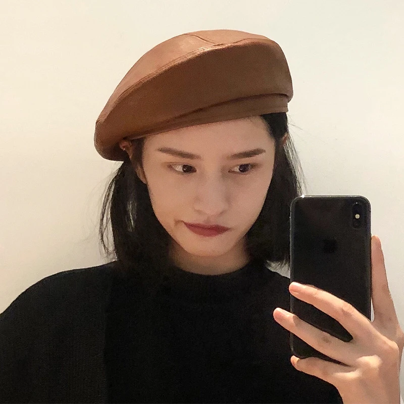 日系文艺贝雷帽女pu皮秋冬网红ins英伦复古帽子韩版百搭画家帽潮