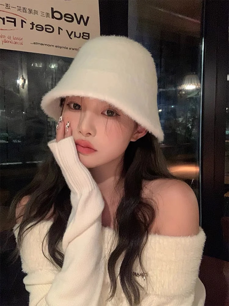 秋冬新款仿水貂毛秋冬盆帽百搭显脸小水桶渔夫帽子女网红针织韩版