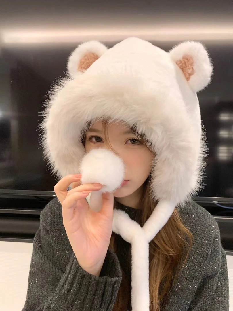 韩版网红可爱毛绒雷锋帽子女秋冬保暖加厚熊耳朵东北护耳帽骑车帽