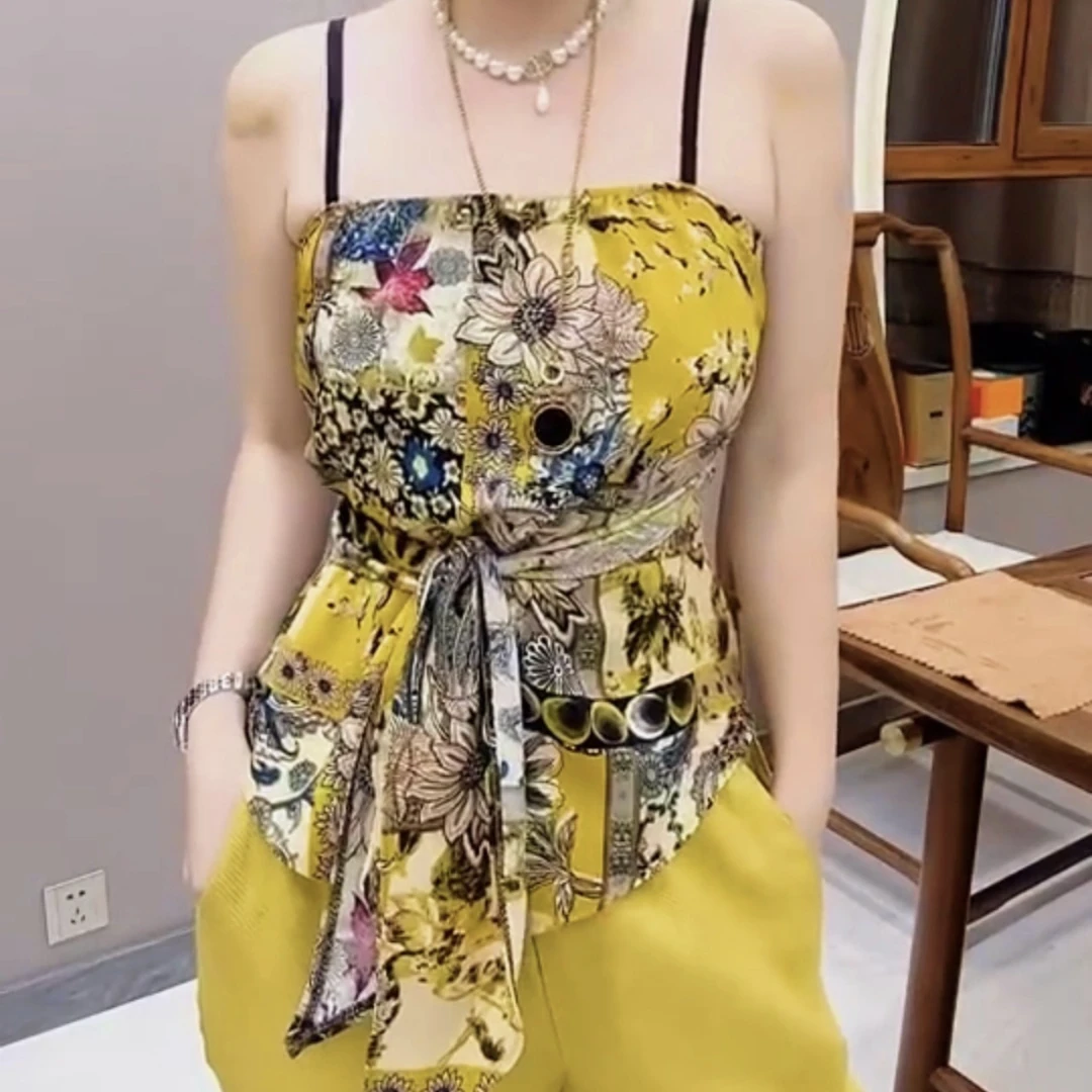 新款内搭碎花印花系带透气时尚百搭吊带背心洋气时尚内搭