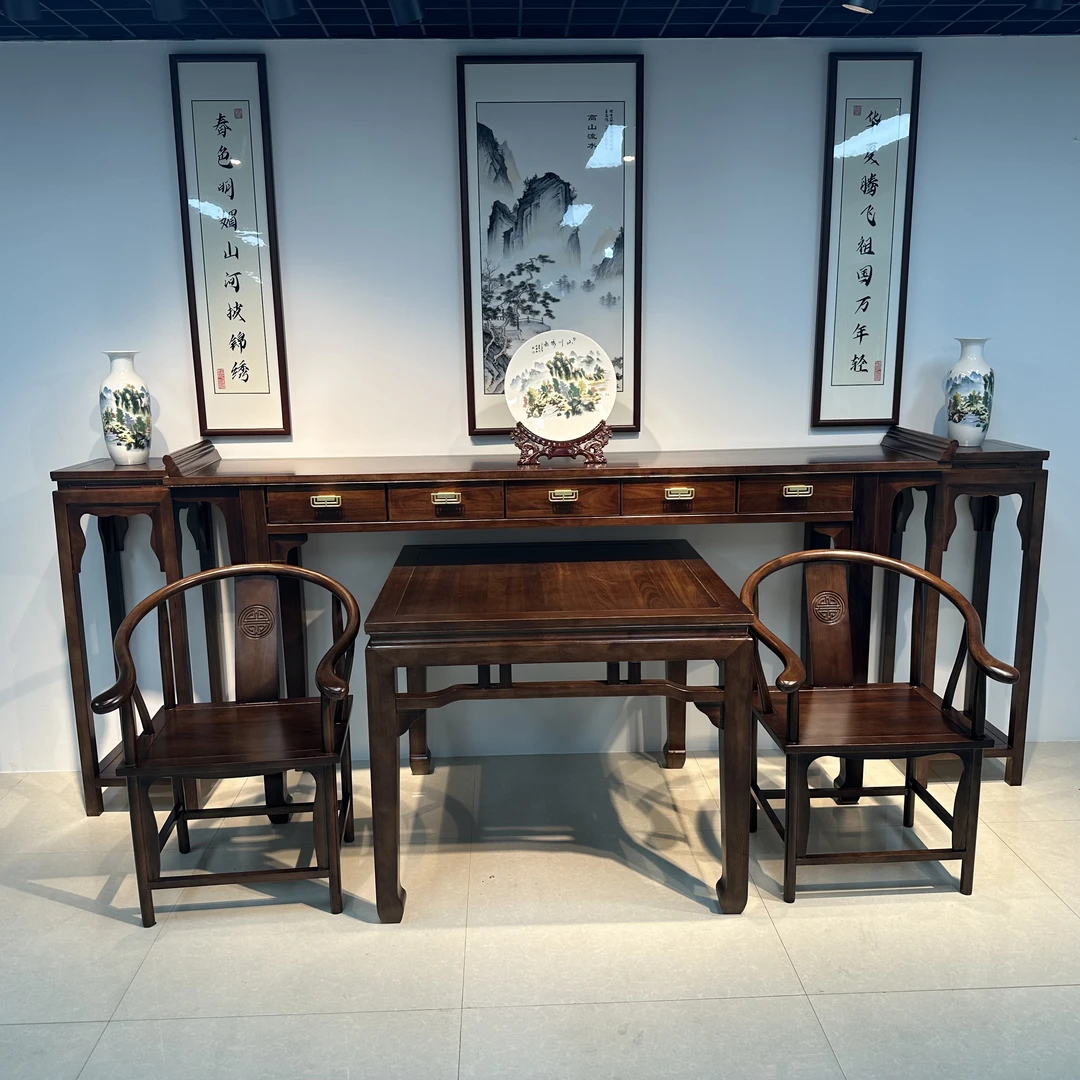 新中式乌金色中堂高端大气上档次别墅玄关农村堂屋客厅四六件套