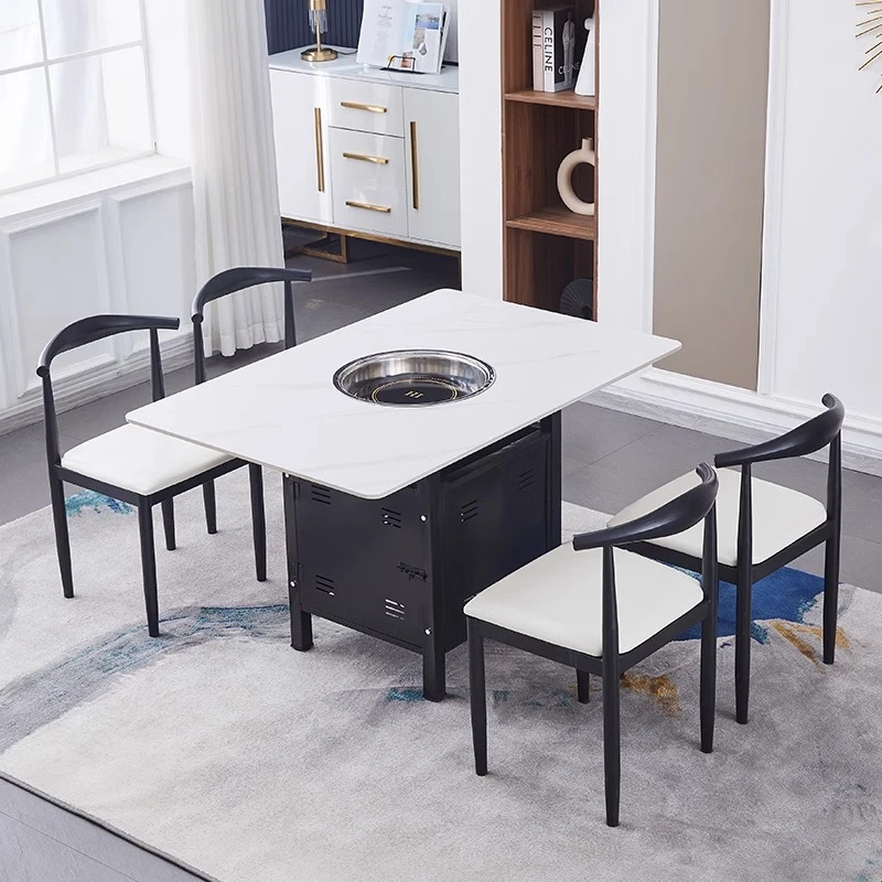 商用餐饮饭店岩板大理石火锅餐桌椅组合韩式燃气灶电磁炉一体桌子